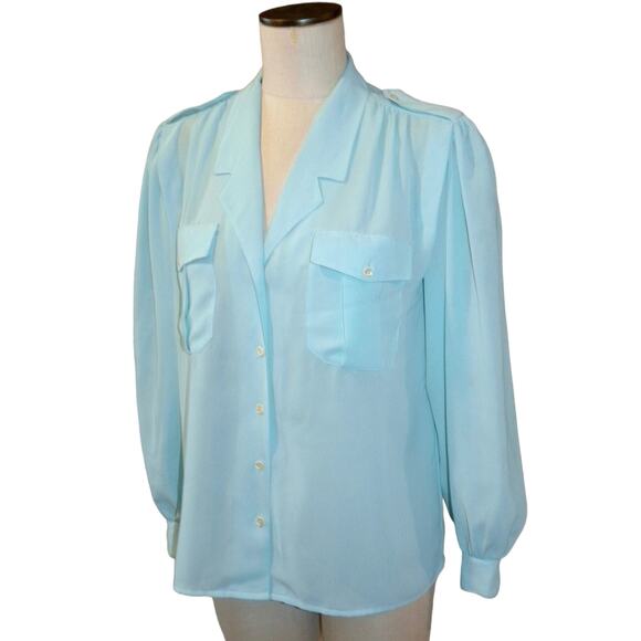 90s Y2K Semi Sheer Turquoise Blouse w Epaulettes CHAUS | S - Picture 2 of 8